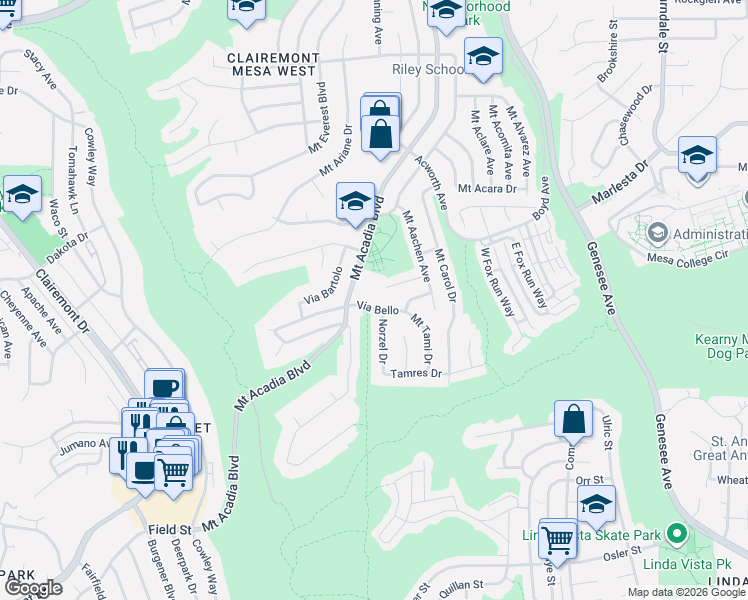 map of restaurants, bars, coffee shops, grocery stores, and more near 3333 Mount Acadia Boulevard in San Diego