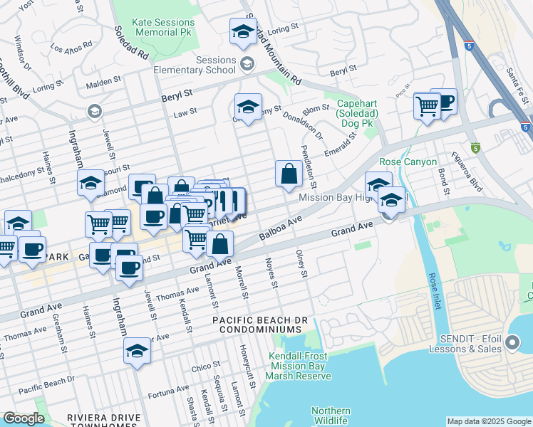 map of restaurants, bars, coffee shops, grocery stores, and more near 2138 Garnet Avenue in San Diego
