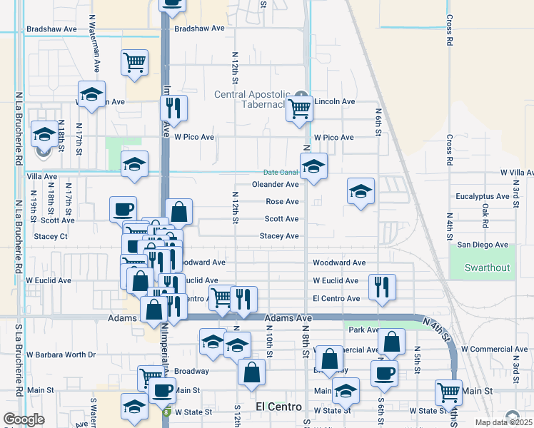 map of restaurants, bars, coffee shops, grocery stores, and more near 877 Rose Ave in El Centro