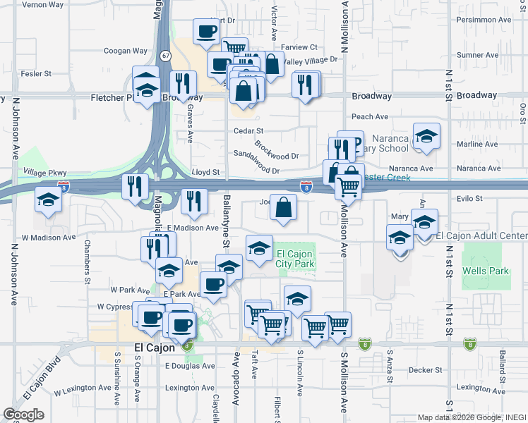 map of restaurants, bars, coffee shops, grocery stores, and more near 552 Rogue Road in El Cajon