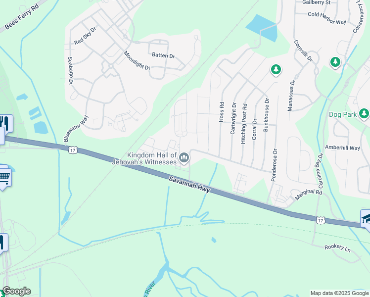 map of restaurants, bars, coffee shops, grocery stores, and more near 3410 Uncle Micahs Way in Charleston