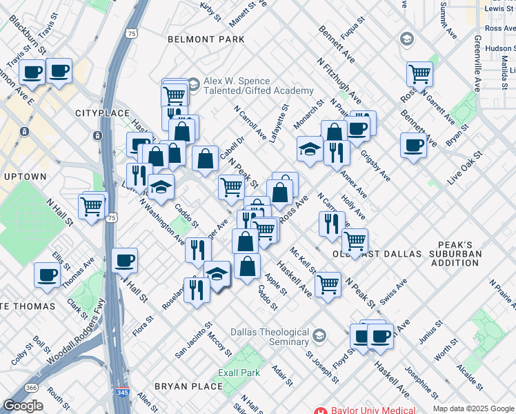 map of restaurants, bars, coffee shops, grocery stores, and more near 4212 Munger Avenue in Dallas