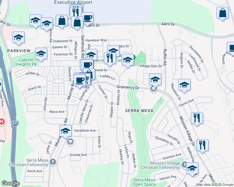 map of restaurants, bars, coffee shops, grocery stores, and more near 3244 Mobley Street in San Diego