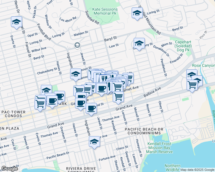 map of restaurants, bars, coffee shops, grocery stores, and more near 1855 Diamond Street in San Diego