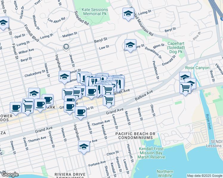 map of restaurants, bars, coffee shops, grocery stores, and more near 1929 Felspar Street in San Diego