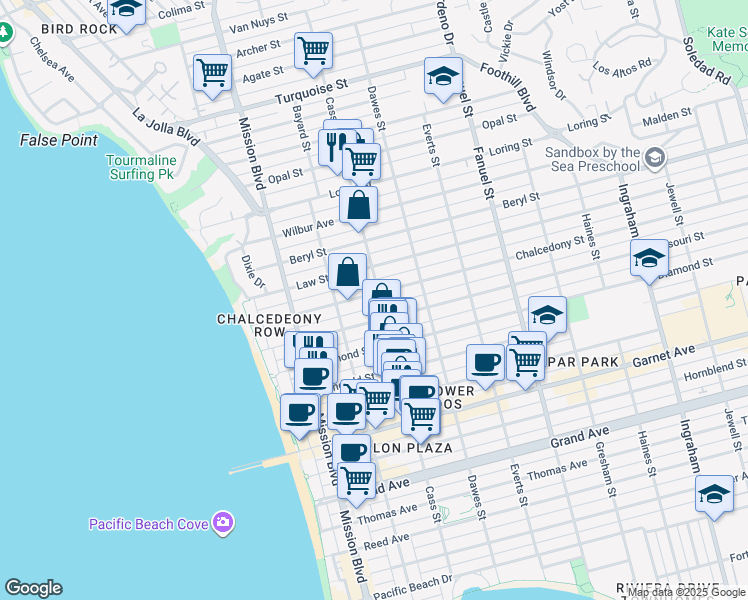 map of restaurants, bars, coffee shops, grocery stores, and more near 4790 Cass Street in San Diego