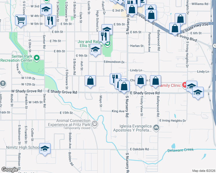 map of restaurants, bars, coffee shops, grocery stores, and more near 805 East Shady Grove Road in Irving