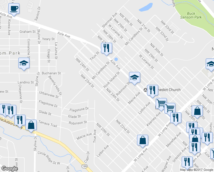 map of restaurants, bars, coffee shops, grocery stores, and more near 3124 Northwest 24th Street in Fort Worth
