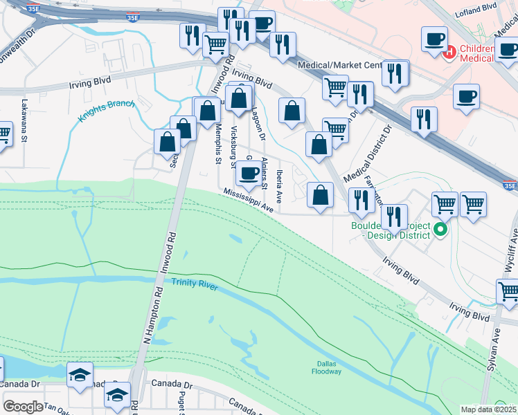 map of restaurants, bars, coffee shops, grocery stores, and more near 1176 Mississippi Avenue in Dallas