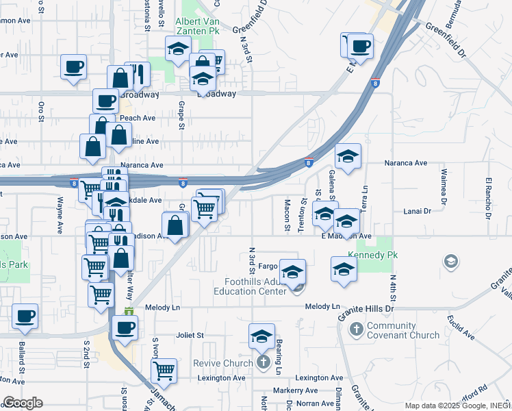 map of restaurants, bars, coffee shops, grocery stores, and more near 1511 Oakdale Avenue in El Cajon