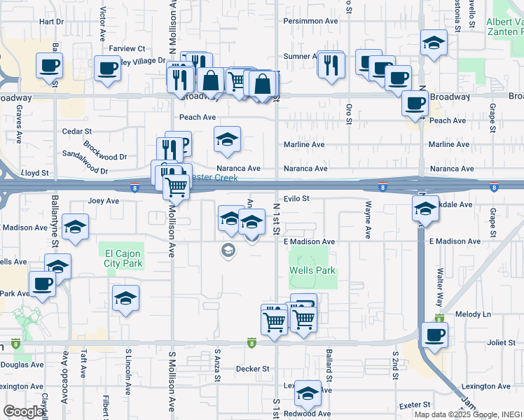map of restaurants, bars, coffee shops, grocery stores, and more near 567 Ann Street in El Cajon