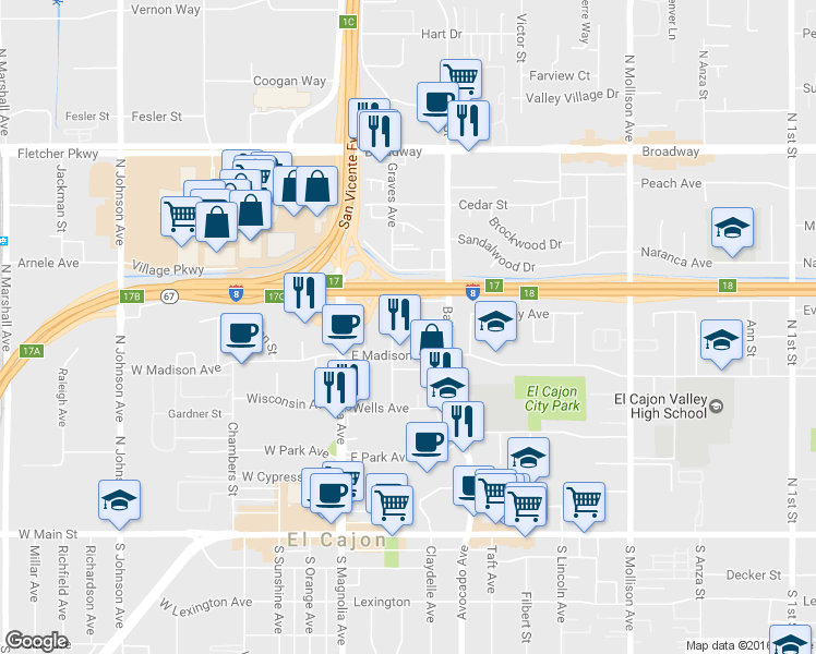 map of restaurants, bars, coffee shops, grocery stores, and more near 205 Beech Street in El Cajon