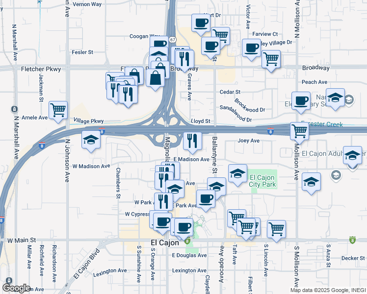 map of restaurants, bars, coffee shops, grocery stores, and more near 580 Graves Avenue in El Cajon