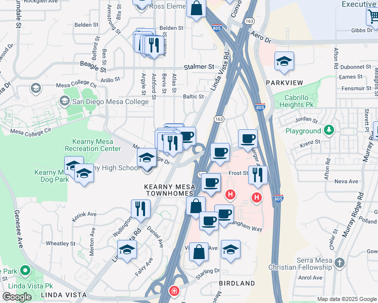 map of restaurants, bars, coffee shops, grocery stores, and more near 7612 Linda Vista Road in San Diego