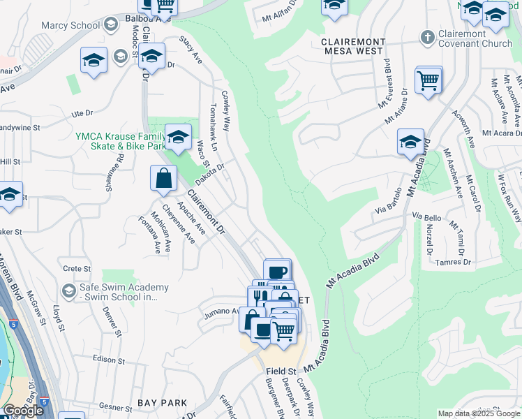 map of restaurants, bars, coffee shops, grocery stores, and more near 3317 Cowley Way in San Diego