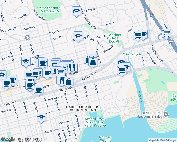 map of restaurants, bars, coffee shops, grocery stores, and more near 2138 Garnet Avenue in San Diego