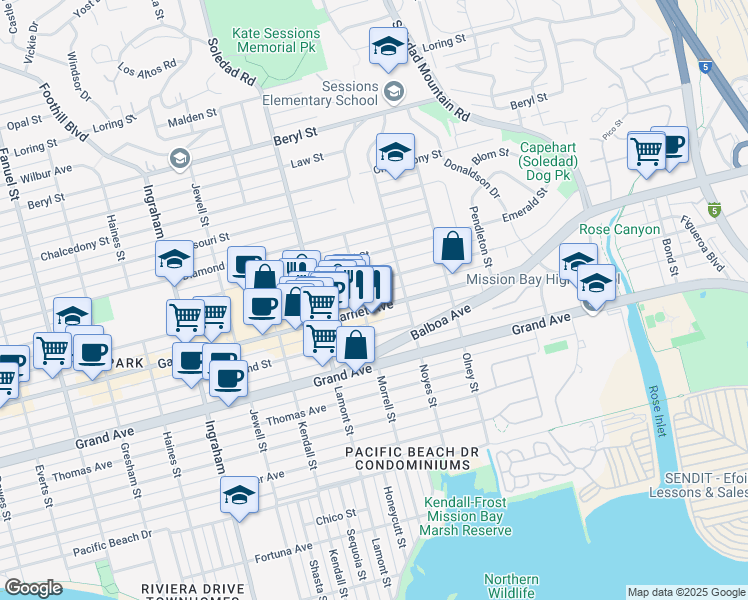 map of restaurants, bars, coffee shops, grocery stores, and more near 2050 Garnet Avenue in San Diego