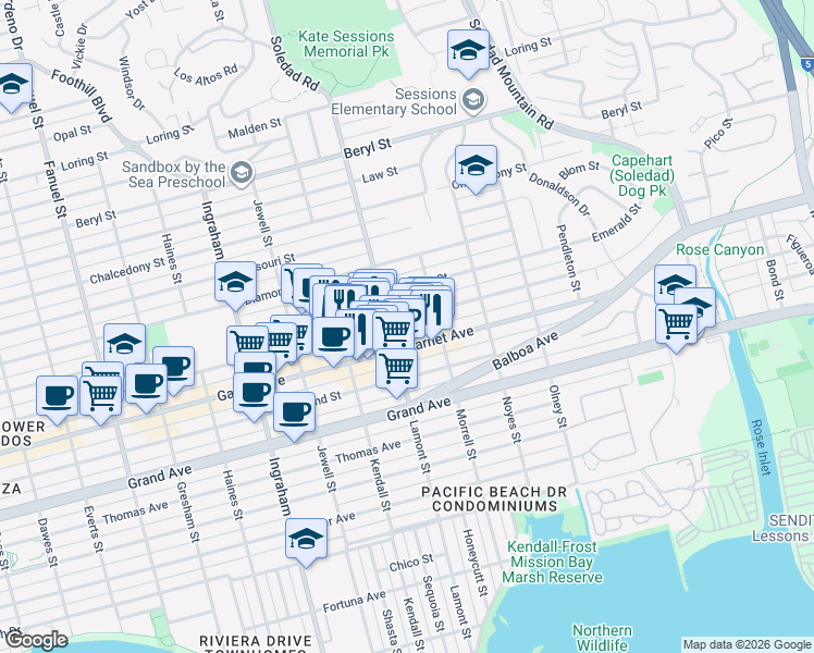 map of restaurants, bars, coffee shops, grocery stores, and more near in San Diego