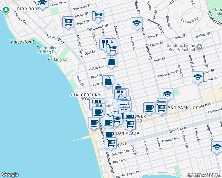 map of restaurants, bars, coffee shops, grocery stores, and more near in San Diego