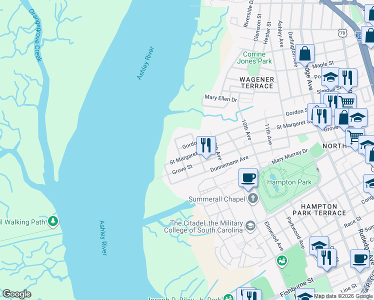 map of restaurants, bars, coffee shops, grocery stores, and more near 237 Gordon Street in Charleston
