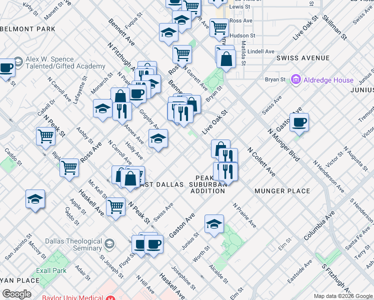 map of restaurants, bars, coffee shops, grocery stores, and more near 1310 Grigsby Avenue in Dallas