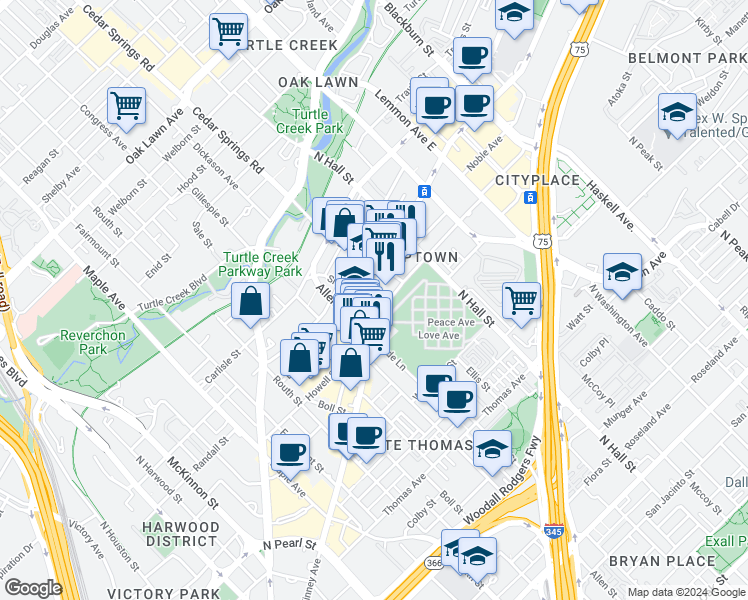 map of restaurants, bars, coffee shops, grocery stores, and more near in Dallas