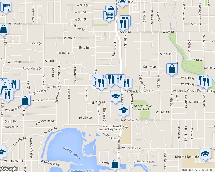 map of restaurants, bars, coffee shops, grocery stores, and more near 1407 West Shady Grove Road in Irving