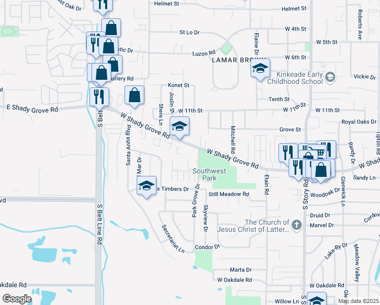 map of restaurants, bars, coffee shops, grocery stores, and more near 2920 West Shady Grove Road in Irving