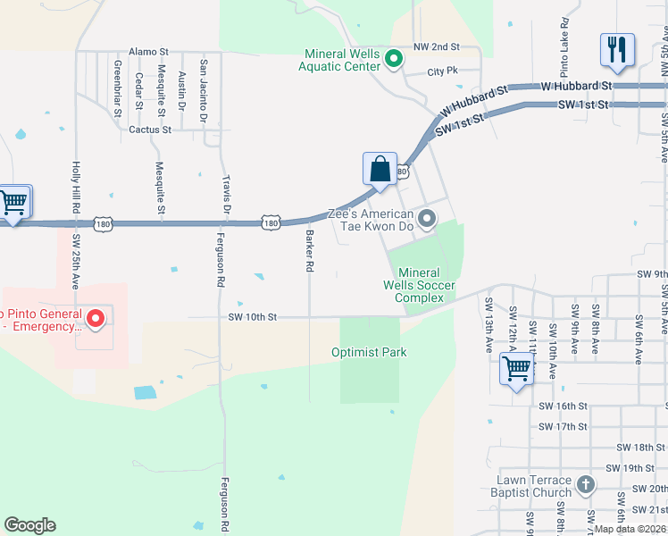 map of restaurants, bars, coffee shops, grocery stores, and more near 1701 U.S. 180 in Mineral Wells