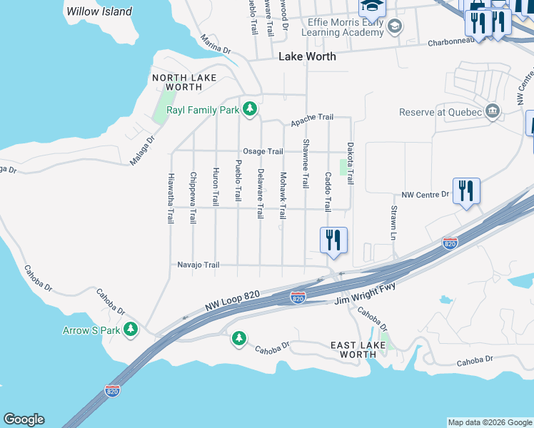 map of restaurants, bars, coffee shops, grocery stores, and more near 3037 Mohawk Trail in Fort Worth