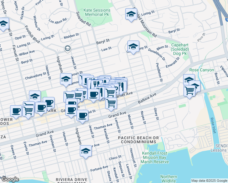 map of restaurants, bars, coffee shops, grocery stores, and more near 1929 Felspar Street in San Diego