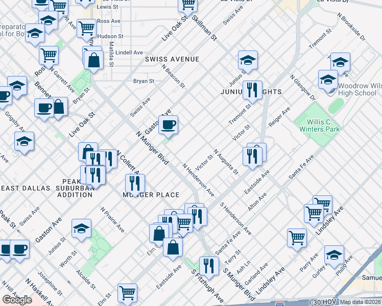 map of restaurants, bars, coffee shops, grocery stores, and more near 5327 Tremont Street in Dallas