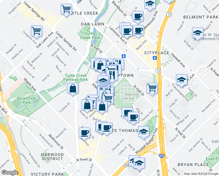 map of restaurants, bars, coffee shops, grocery stores, and more near in Dallas
