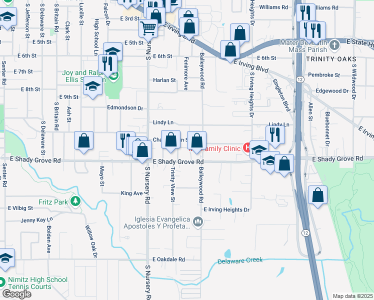 map of restaurants, bars, coffee shops, grocery stores, and more near 1313 East Shady Grove Road in Irving