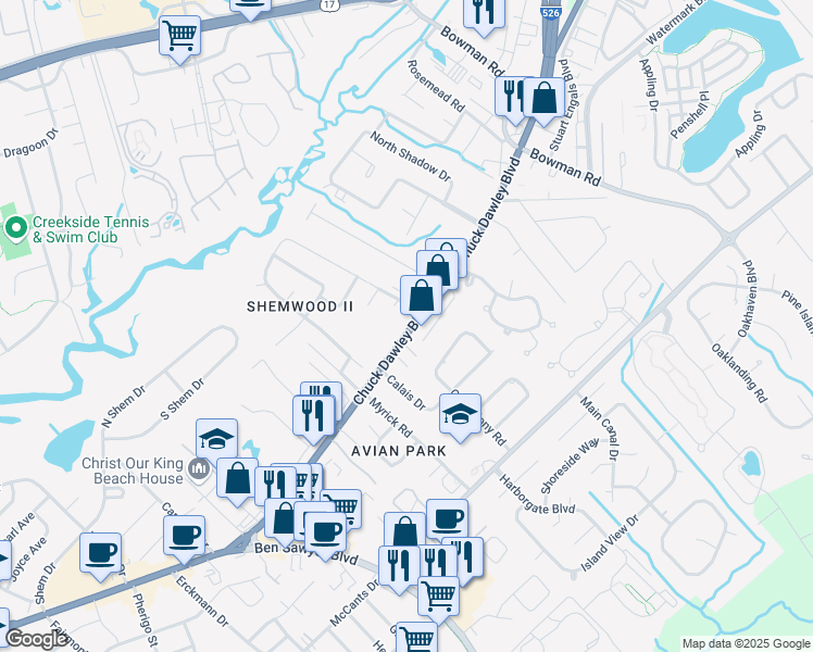 map of restaurants, bars, coffee shops, grocery stores, and more near 1122 Interstate 526 Business Spur in Mount Pleasant