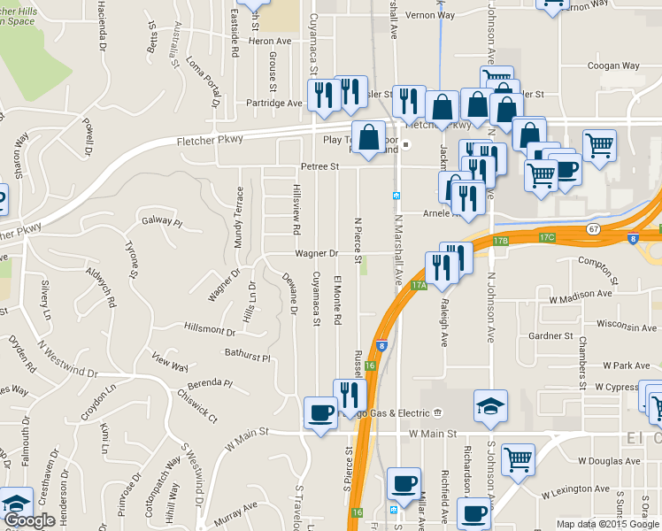 map of restaurants, bars, coffee shops, grocery stores, and more near 532 El Monte Road in El Cajon