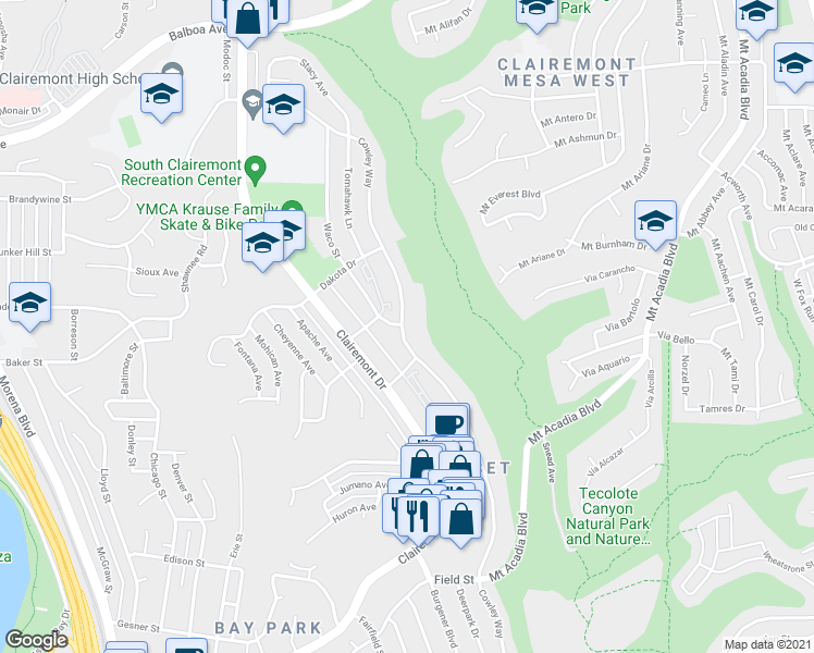 map of restaurants, bars, coffee shops, grocery stores, and more near 3303 Cowley Way in San Diego