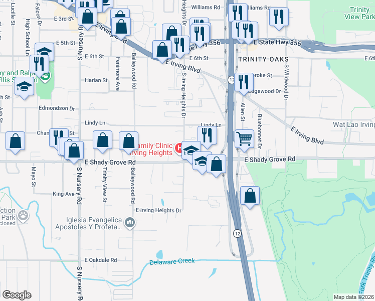 map of restaurants, bars, coffee shops, grocery stores, and more near 1118 South Irving Heights Drive in Irving