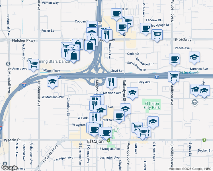 map of restaurants, bars, coffee shops, grocery stores, and more near Magnolia Avenue in El Cajon