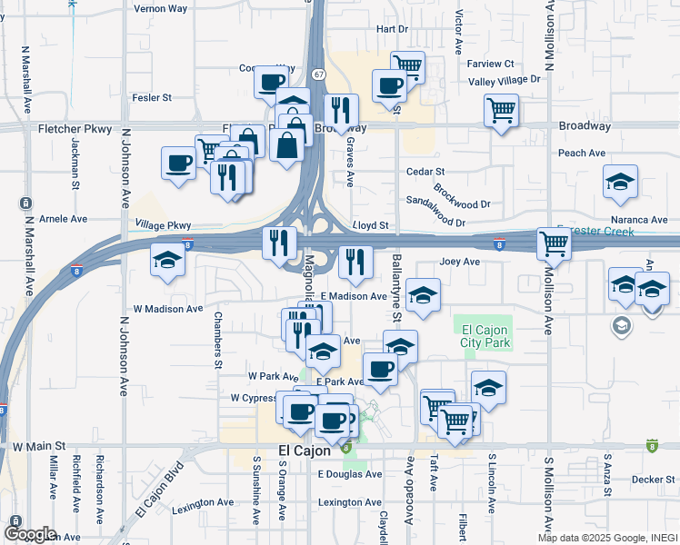 map of restaurants, bars, coffee shops, grocery stores, and more near in El Cajon