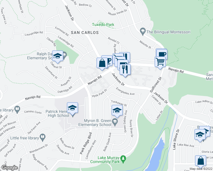 map of restaurants, bars, coffee shops, grocery stores, and more near 6924 Hyde Park Drive in San Diego