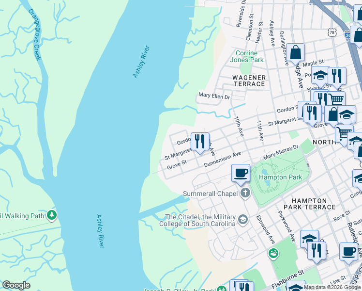 map of restaurants, bars, coffee shops, grocery stores, and more near 237 Gordon Street in Charleston