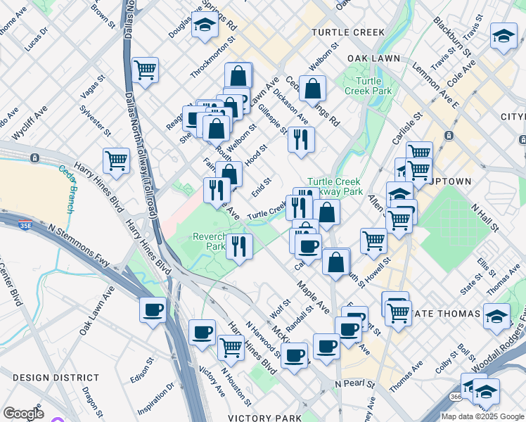 map of restaurants, bars, coffee shops, grocery stores, and more near 2505 Turtle Creek Boulevard in Dallas