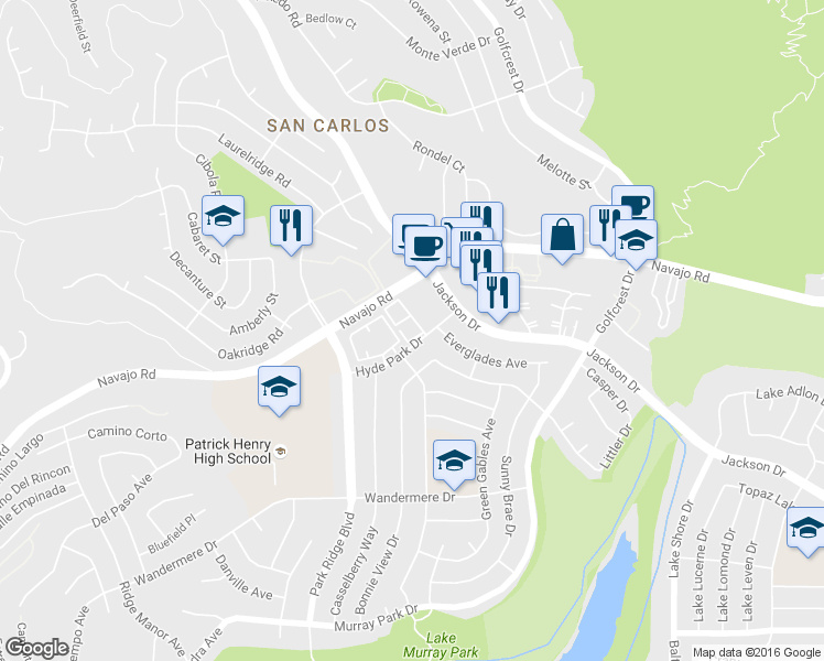 map of restaurants, bars, coffee shops, grocery stores, and more near 6924 Hyde Park Drive in San Diego