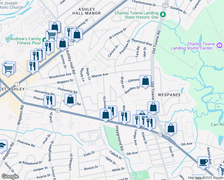 map of restaurants, bars, coffee shops, grocery stores, and more near 21 Murray Hill Dr in Charleston