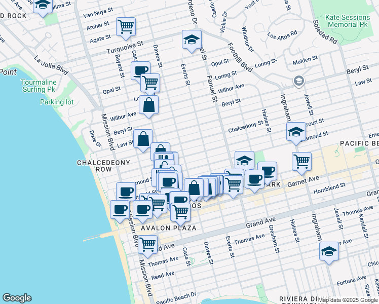 map of restaurants, bars, coffee shops, grocery stores, and more near 1122 Missouri Street in San Diego
