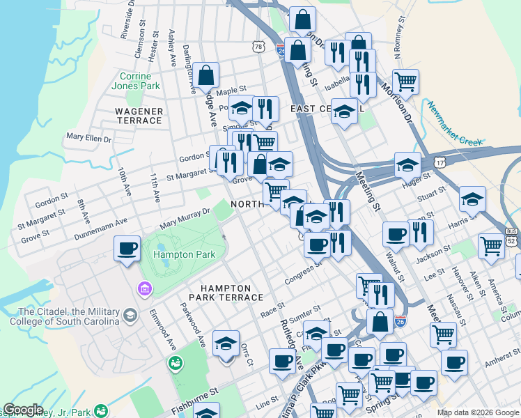 map of restaurants, bars, coffee shops, grocery stores, and more near 16 Cleveland Street in Charleston