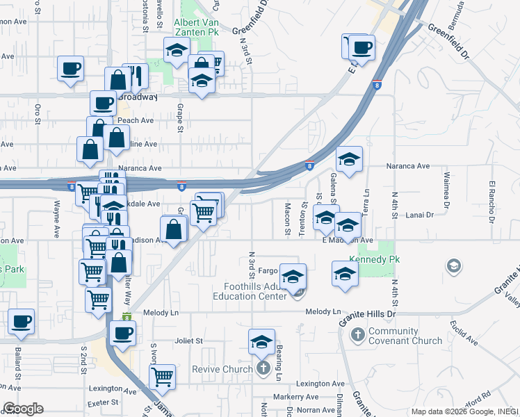 map of restaurants, bars, coffee shops, grocery stores, and more near 1511 Oakdale Avenue in El Cajon