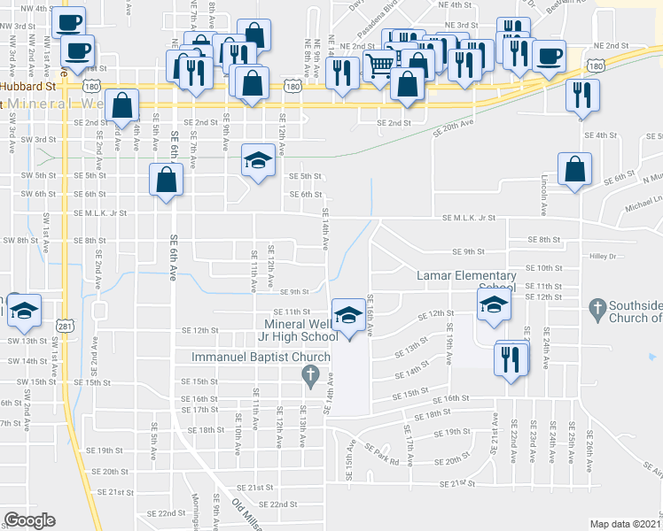 map of restaurants, bars, coffee shops, grocery stores, and more near 1005 Southeast 14th Avenue in Mineral Wells