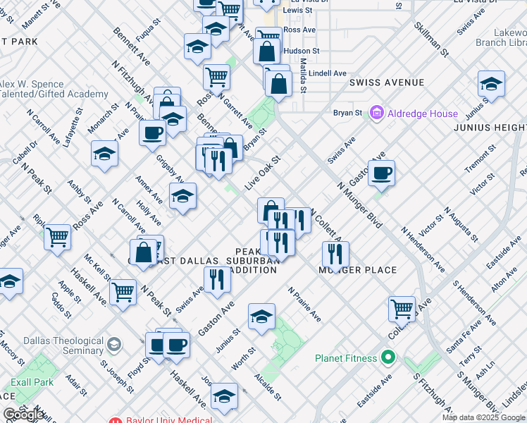 map of restaurants, bars, coffee shops, grocery stores, and more near 4905 Swiss Avenue in Dallas